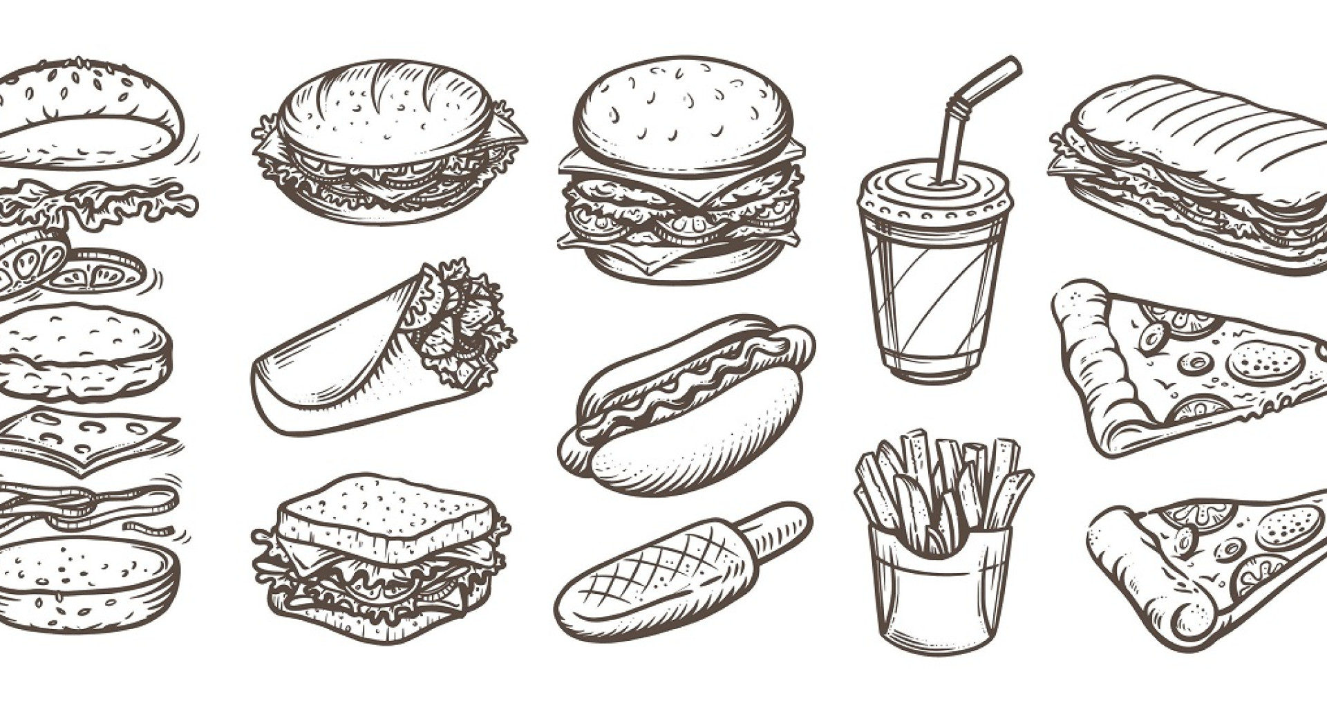 Drawn fast food. Hamburger, hot dog, pizza,  french fries, sandwich.