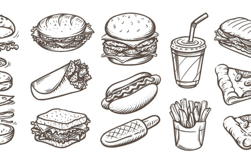 Narisana hitra hrana. Hamburger, hot dog, pomfri, sendvic, pica.
