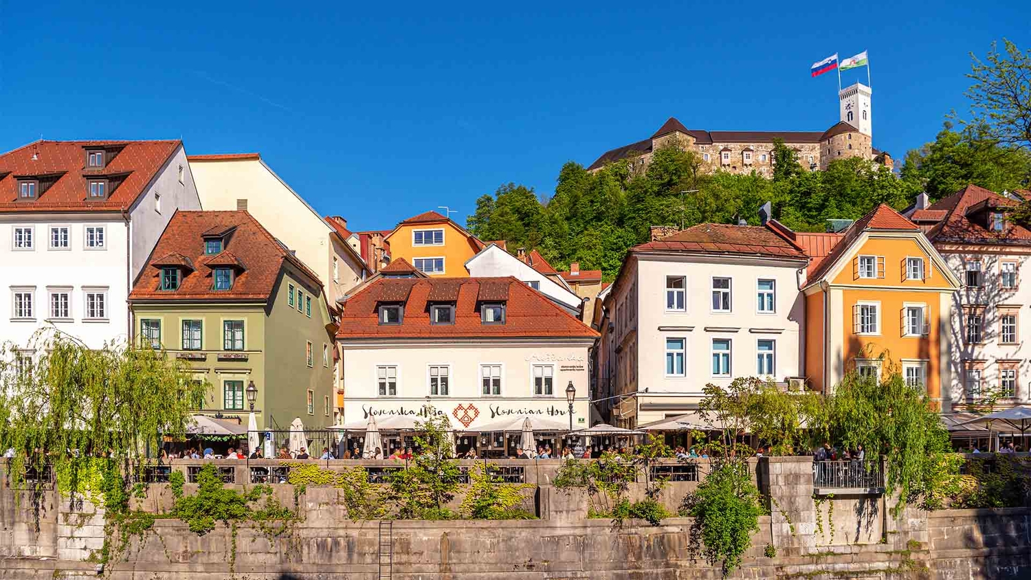 Stavbe na nabrežju Ljubljanice, nad njimi Ljubljanski grad