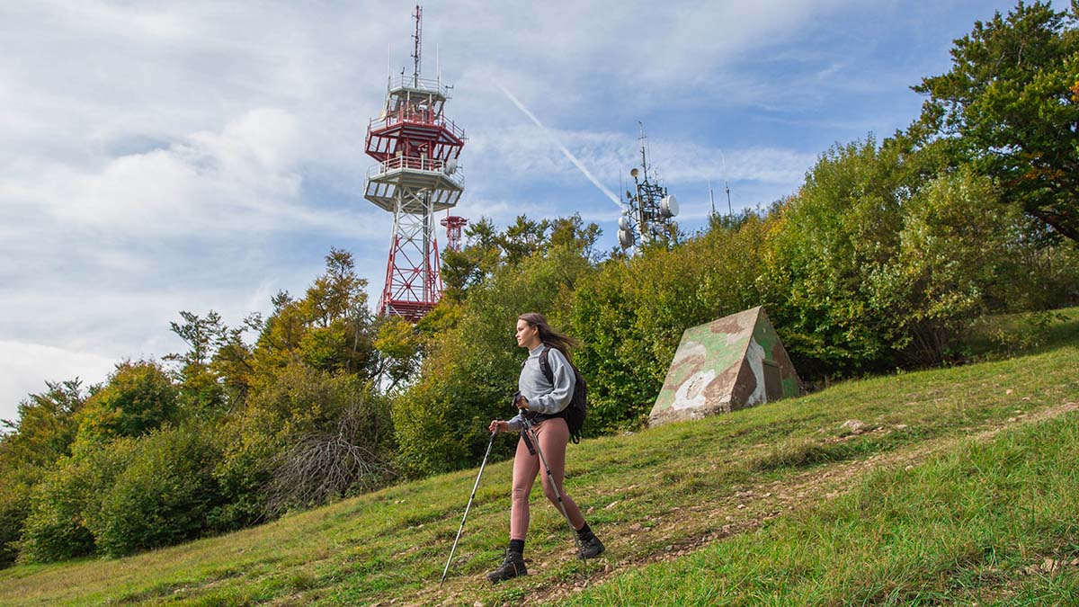 Pohodnica sestopa s Krima nad Ljubljanskim barjem, v ozadju nizek pas gozda in antenski stolp