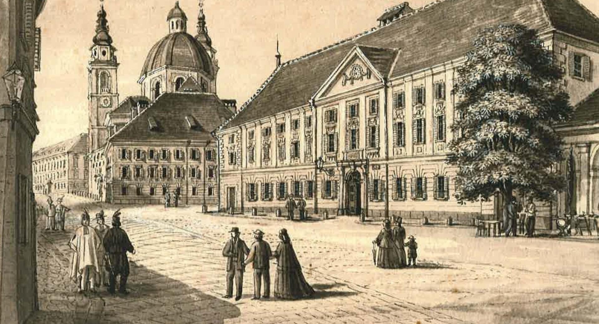 Stilizirana zgodovinska upodobitev Ljubljane s stavbo Liceja na tlakovanem trgu, v ozadju izstopata stolpa in kupola stolnice sv. Nikolaja, po trgu pa se sprehajajo ljudje v zgodovinskih oblačilih.
