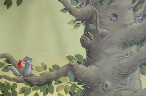Slika drevesa in miške s košarico.