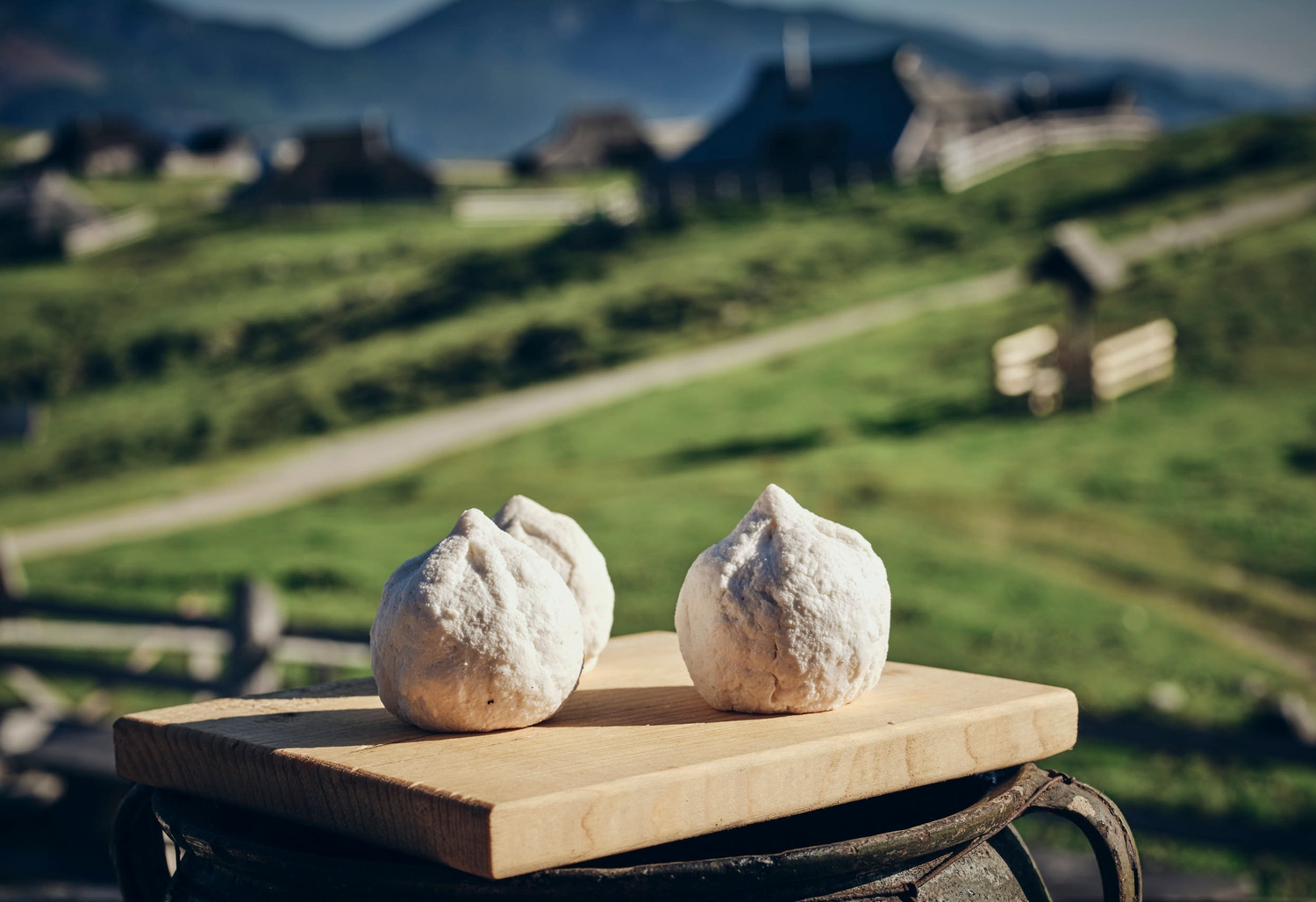 Trnič, znameniti sir z Velike planine; v ozadju Velika planina