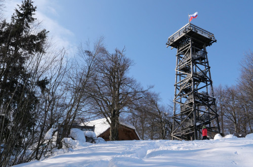 Stolp na Planini nad Vrhniko, ob njem planinska koča