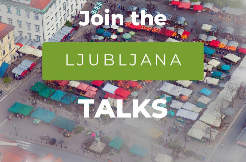 Plakat za Ljubljana talks, spletne klepete o industriji srečanj, ki jih pripravlja Turizem Ljubljana.