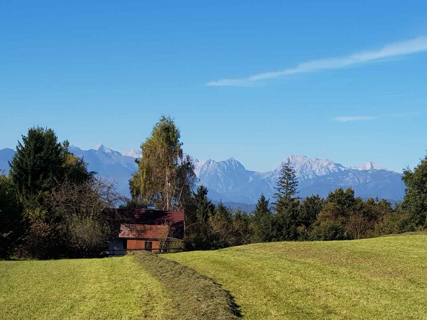 Razgled na Ihanski krožni poti; travnik, hiška, gozd in gore v ozadju.