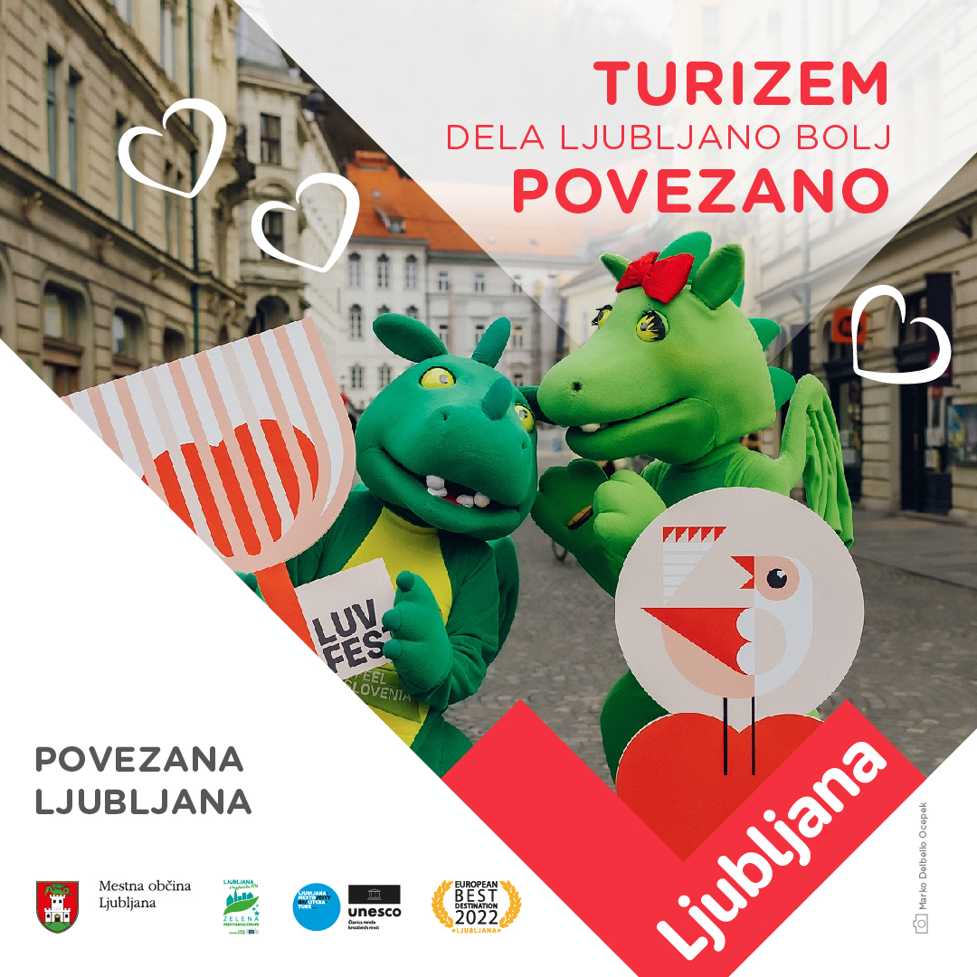 Plakat kampanje Turizma Ljubljana Turizem dela Ljubljano z napisom Turizem dela Ljubljano bolj povezano, junij 2023