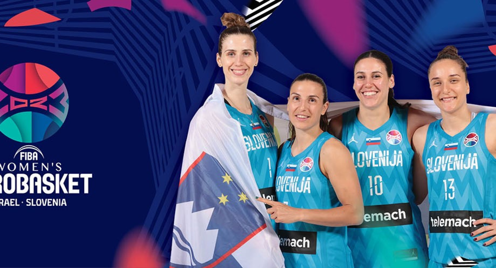 Plakat za napoved ženskega košarkarskega evropskega prvenstva, 39. Eurobasket, ki bo od 15. do 25. junija 2023 v Ljubljani in Telv Avivu; na plakatu so štiri košarkarice slovenske reprezentance v slovenskih dresih