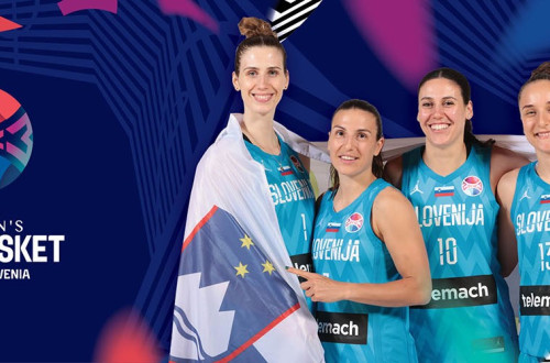 Plakat za napoved ženskega košarkarskega evropskega prvenstva, 39. Eurobasket, ki bo od 15. do 25. junija 2023 v Ljubljani in Telv Avivu; na plakatu so štiri košarkarice slovenske reprezentance v slovenskih dresih