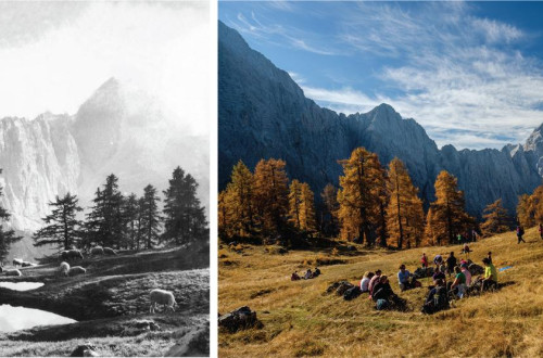 Razstava o Triglavskem narodnem parku v Tivoliju v Ljubljani; na fotografiji starejša in novejša fotografija Slemenove špice