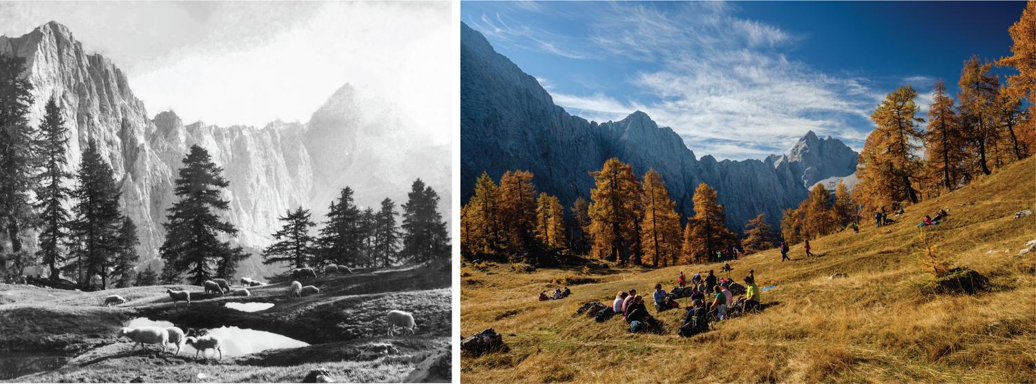 Razstava o Triglavskem narodnem parku v Tivoliju v Ljubljani; na fotografiji starejša in novejša fotografija Slemenove špice