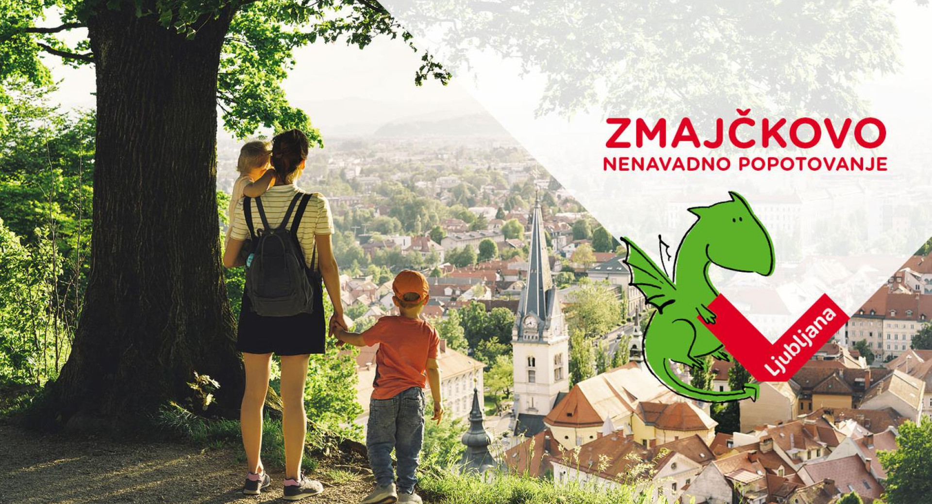 Zmajčkovo nenavadno popotovanje – doživetje Turizma Ljubljana; na fotografiji ženska z majhnima otrokoma nad Ljubljano, ob strani ilustracija zmajčka