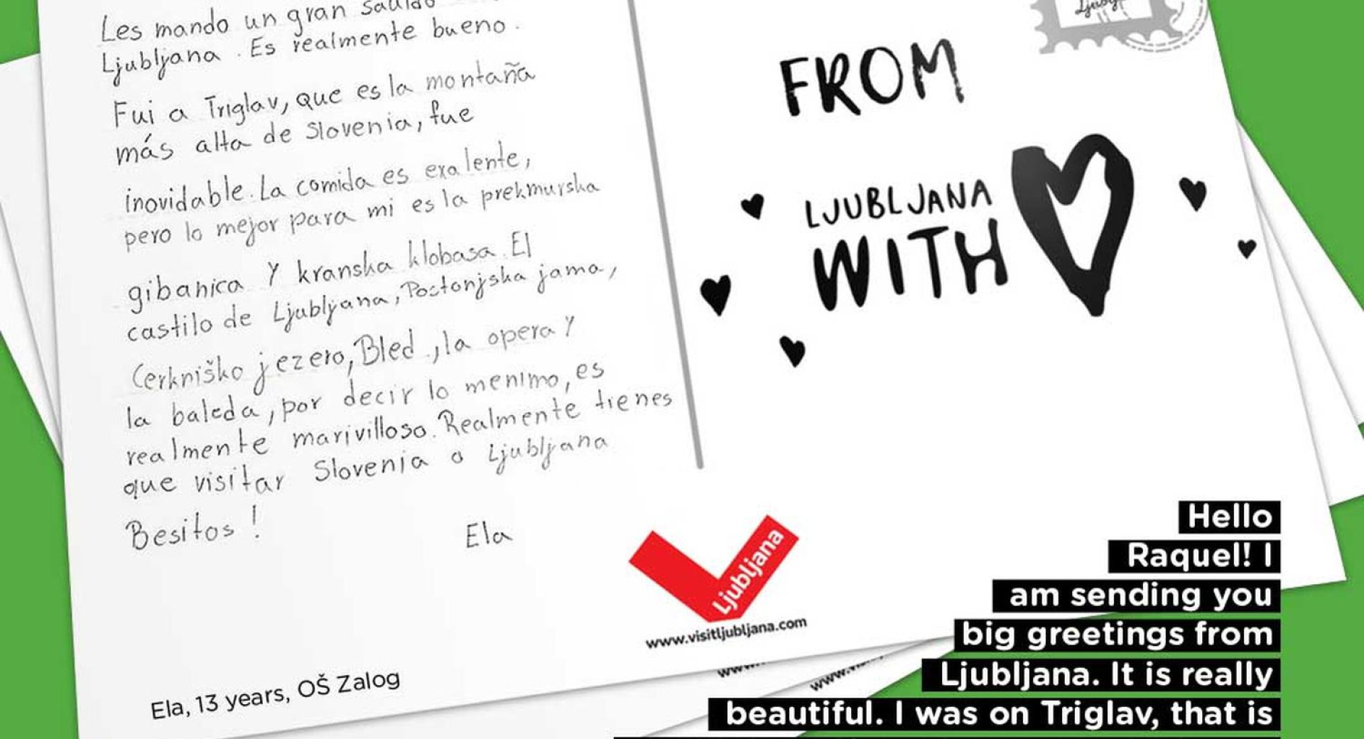 Primer razglednice, ki so jih ljubljanski osnovnošolci pisali vrstnikom po svetu na pobudo Turizma Ljubljana ob svetovnem dnevu turizma 27. septembra 2021