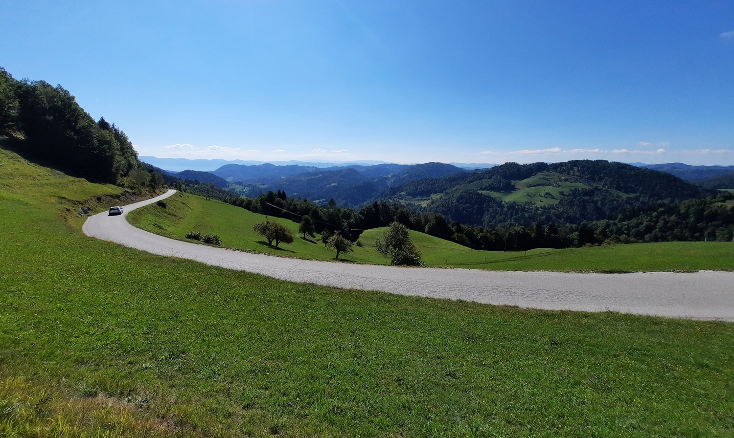 Polhograjski Dolomiti - zeleni travniki, ki jih reže cesta, in gozdovi, v ozadju hribi