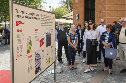 Skupina ljudi si ogleduje informativno tablo o razvoju turizma v Ljubljani. Stojijo na prostem, blizu kavarne, na sončen dan.