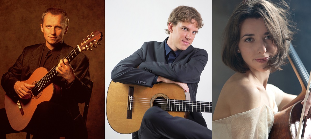 A portrait of two guitarists and one cellist.