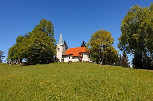 A white church on top of a green hill.