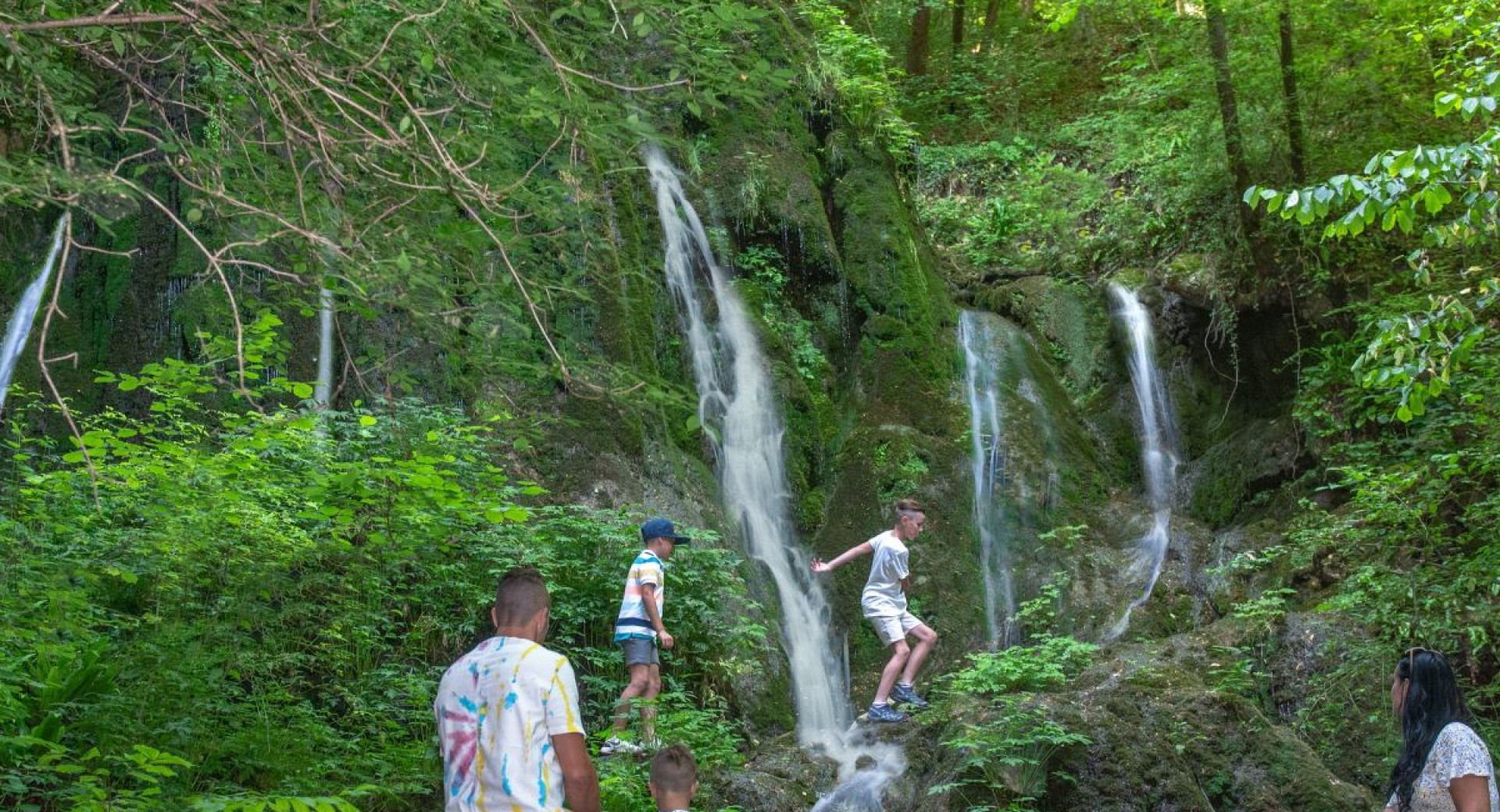 Vidim druzino, ki gleda v slap, ki je obkrozen z gozdom. Okoli so visoka drevesa, zeleno rastlinje, mah in praprot.