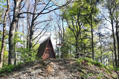 Na vrhu hriba, obdana z gozdom, stoji lesena koča,ob njej pa so postavljene klopice za počitek.