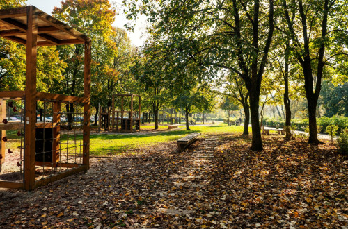 Jesensko otrosko igrisce v senci dreves z lesenimi igralnimi elementi in potjo, posuto s pisanimi listi.