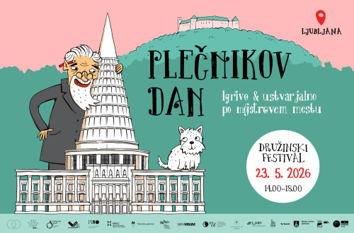 Grafika starejsega mozaka in psa na maketi arhitekturne mojstrovine.