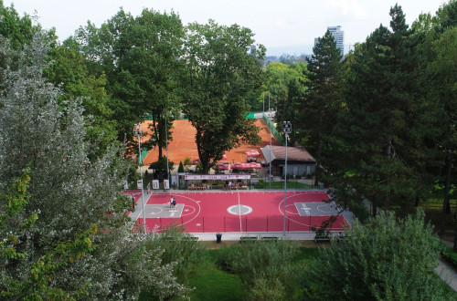 A sports court with a red surface surrounded by greenery.