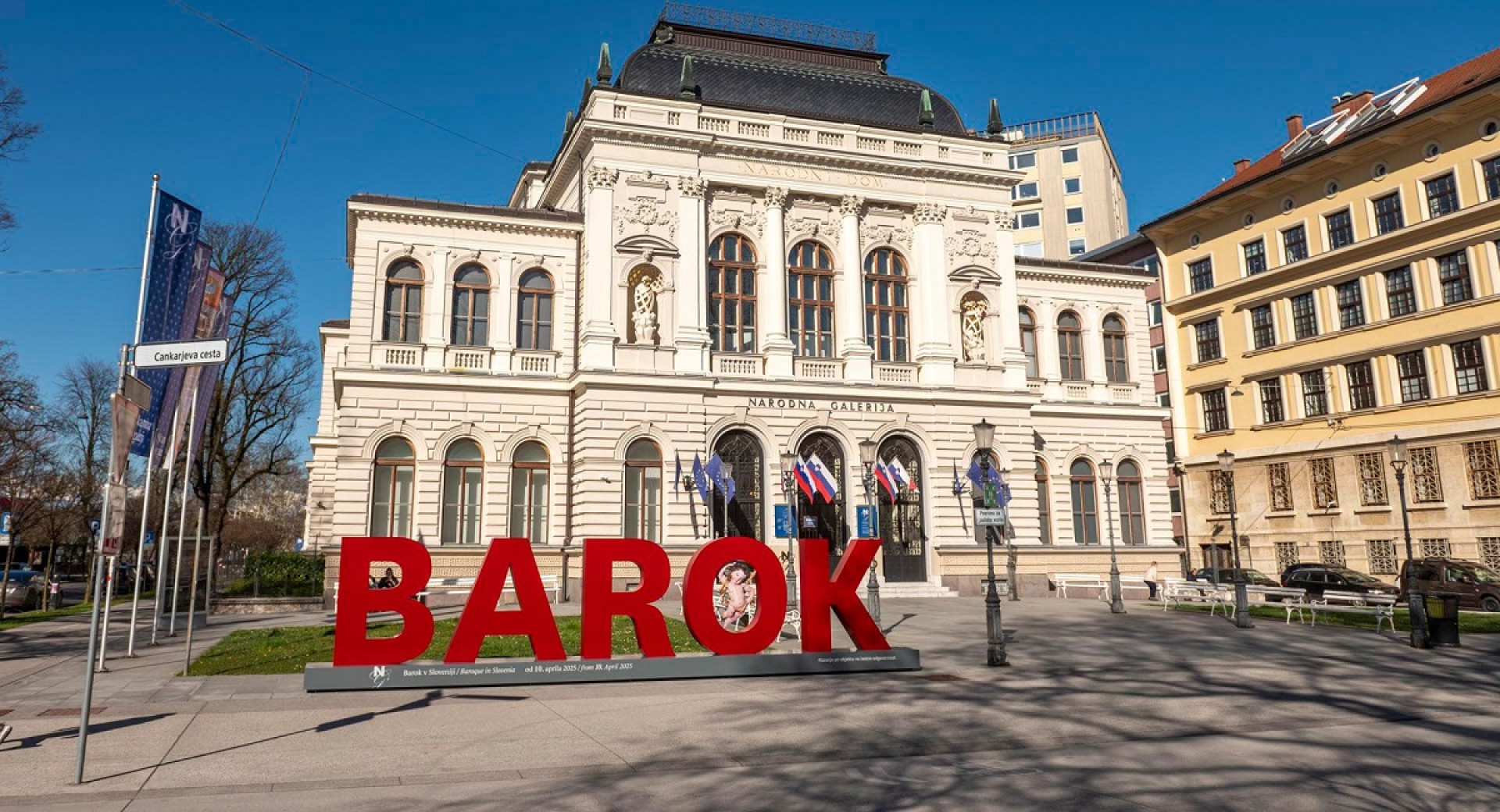 Exterior of the National Gallery with the Baroque sculpture.