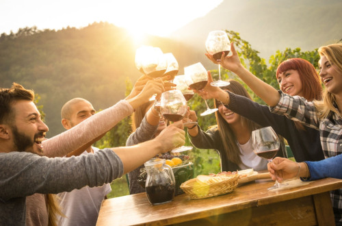 Friends toasting with glasses of red wine at a vineyard table in the warm glow of sunset.