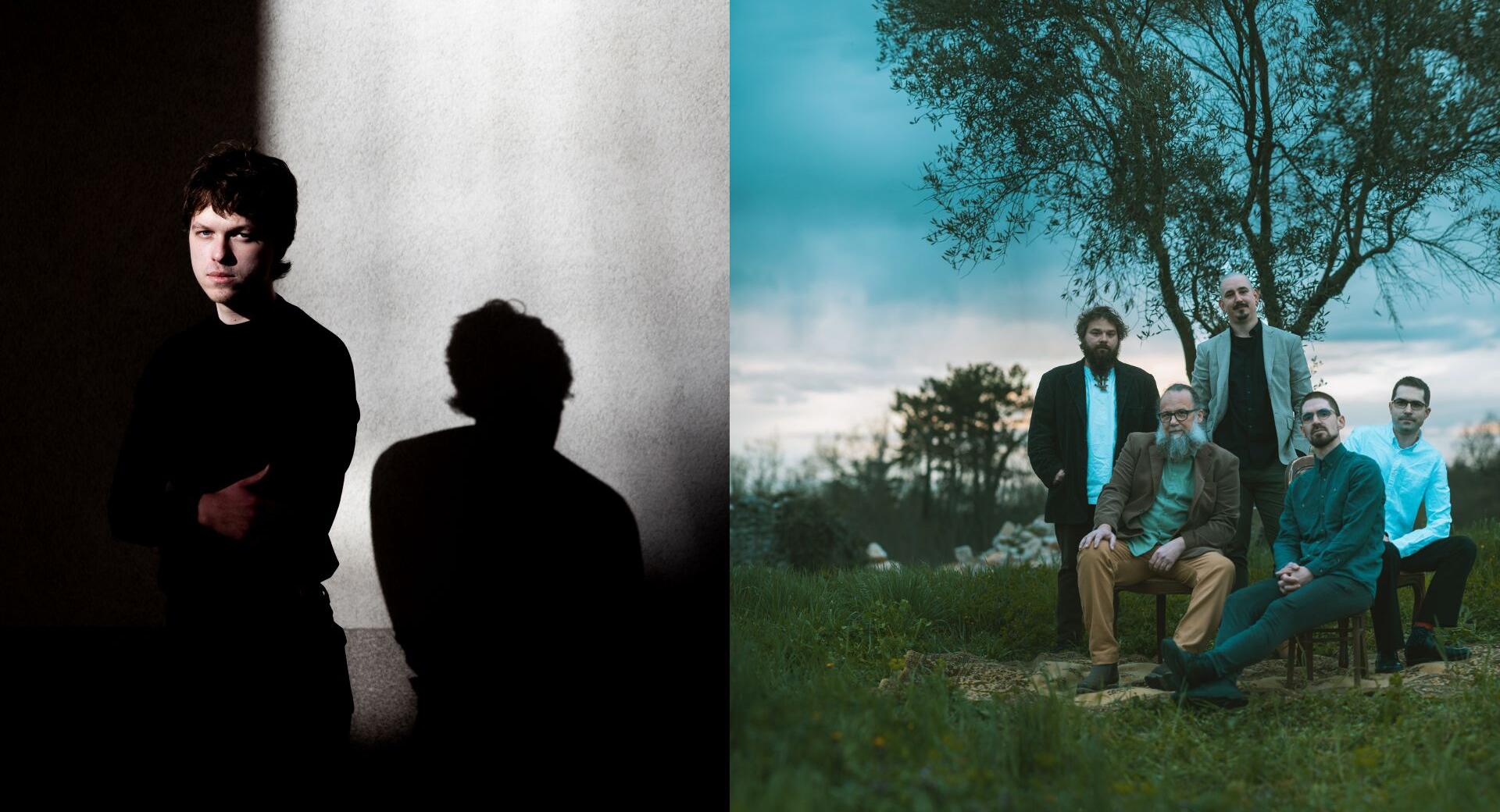 A split photograph shows a young man standing in dramatic light beside a wall, his shadow cast behind him, while on the right a group of five men pose in a grassy field beneath a tree in a moody evening setting.