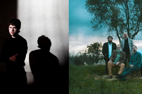 A split photograph shows a young man standing in dramatic light beside a wall, his shadow cast behind him, while on the right a group of five men pose in a grassy field beneath a tree in a moody evening setting.