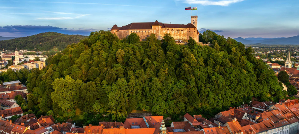 A castle stands atop a tree-covered hill, with the old town nestled beneath it.