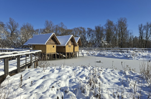 Lesene hiške v naravi sredi zasnežene pokrajine.