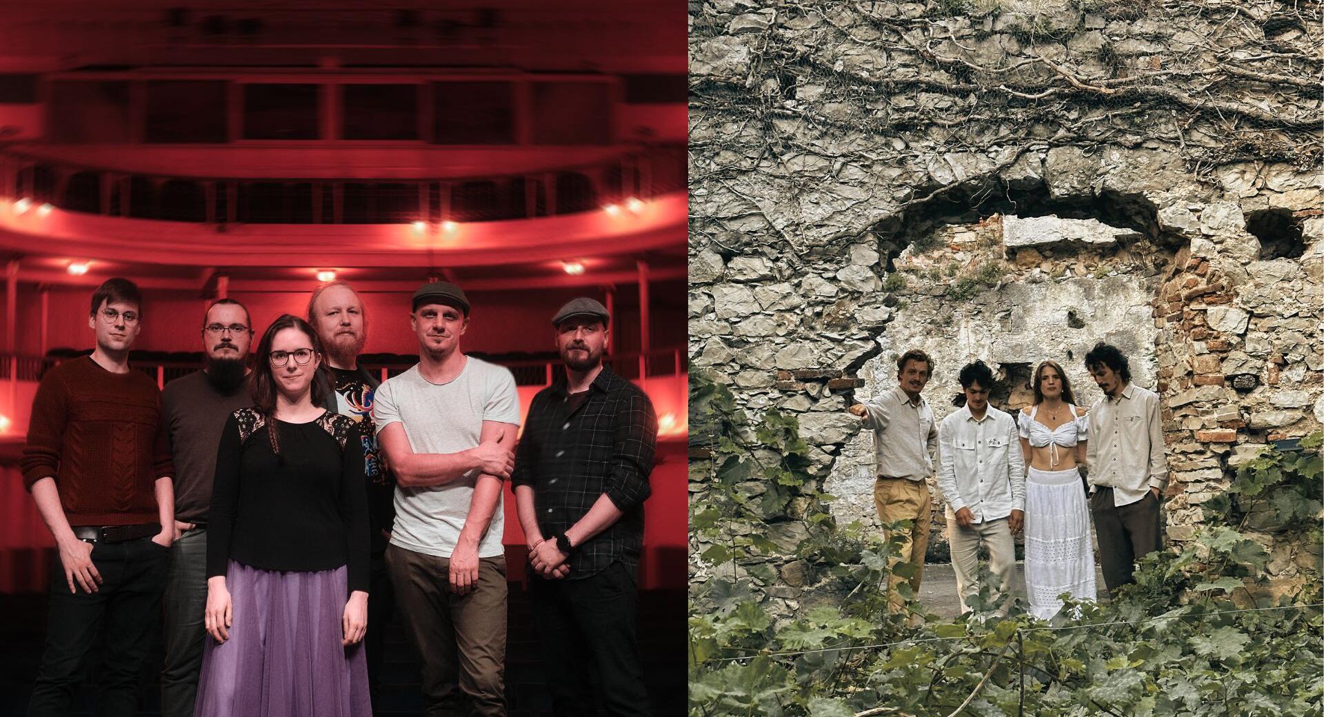 A split image shows a group of six musicians on the left in a red-lit theatre setting, while on the right a smaller group of four members stands in front of a stone ruin in a green, natural environment.
