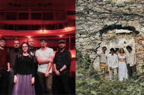 A split image shows a group of six musicians on the left in a red-lit theatre setting, while on the right a smaller group of four members stands in front of a stone ruin in a green, natural environment.