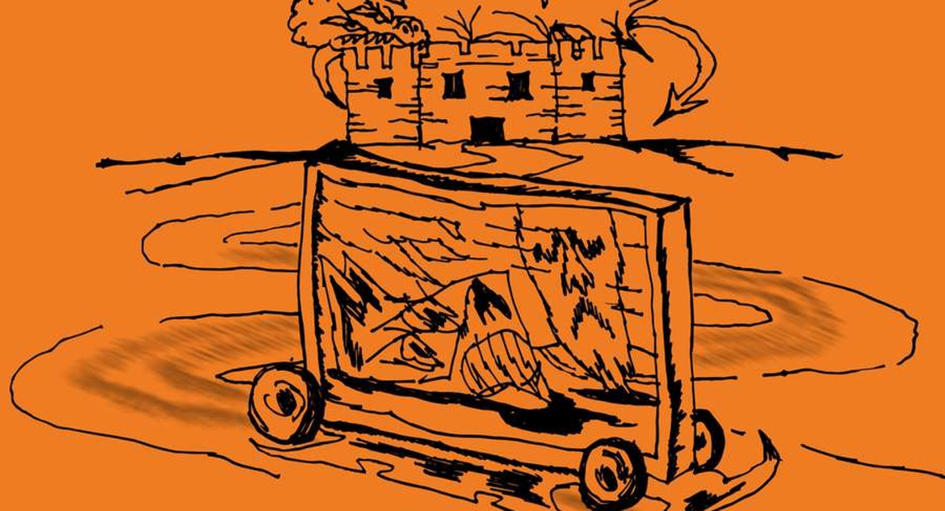 Slika ploščatega vozila, v ozadju grad, na njem počiva zmaj.