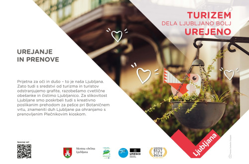 Plakat s fotografijo in z napisom 'Turizem dela Ljubljano bolj urejeno'.