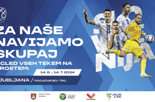 Plakat z napisom Za naše navijamo skupaj in fotografija nogometaša.