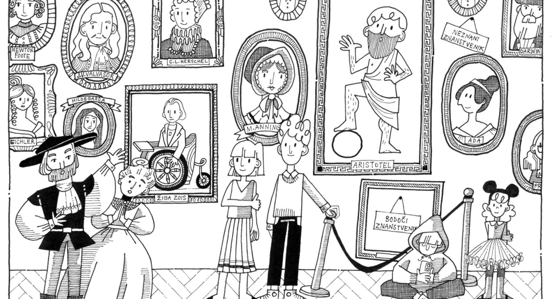 Črno-bela ilustracija ljudi v sobi med uokvirjenimi slikami.