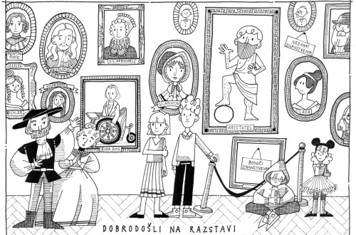 Črno-bela ilustracija ljudi v sobi med uokvirjenimi slikami.