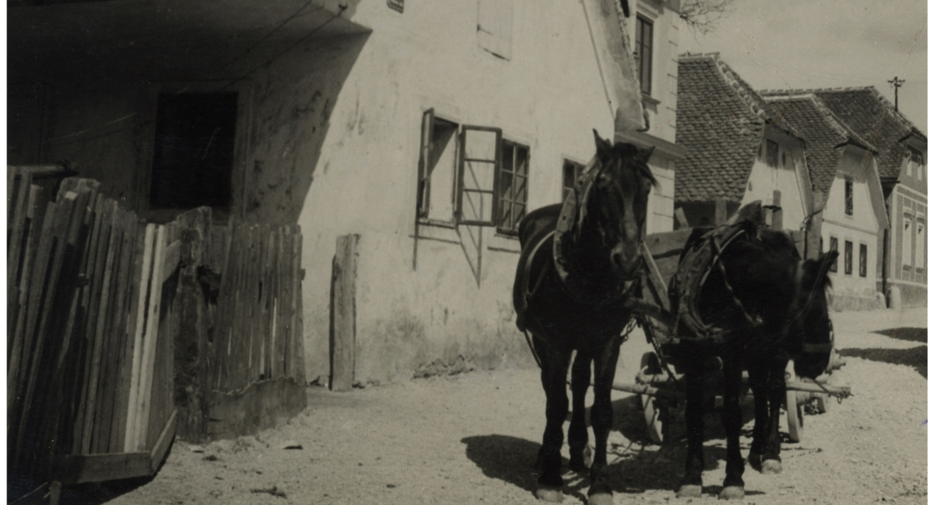 Stara fotografija hiše, ob njej s konji vprežen voz.