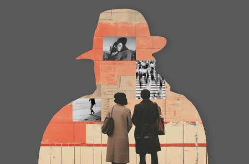par stoji pred pisanim muralom v obliki gospoda s klobukom