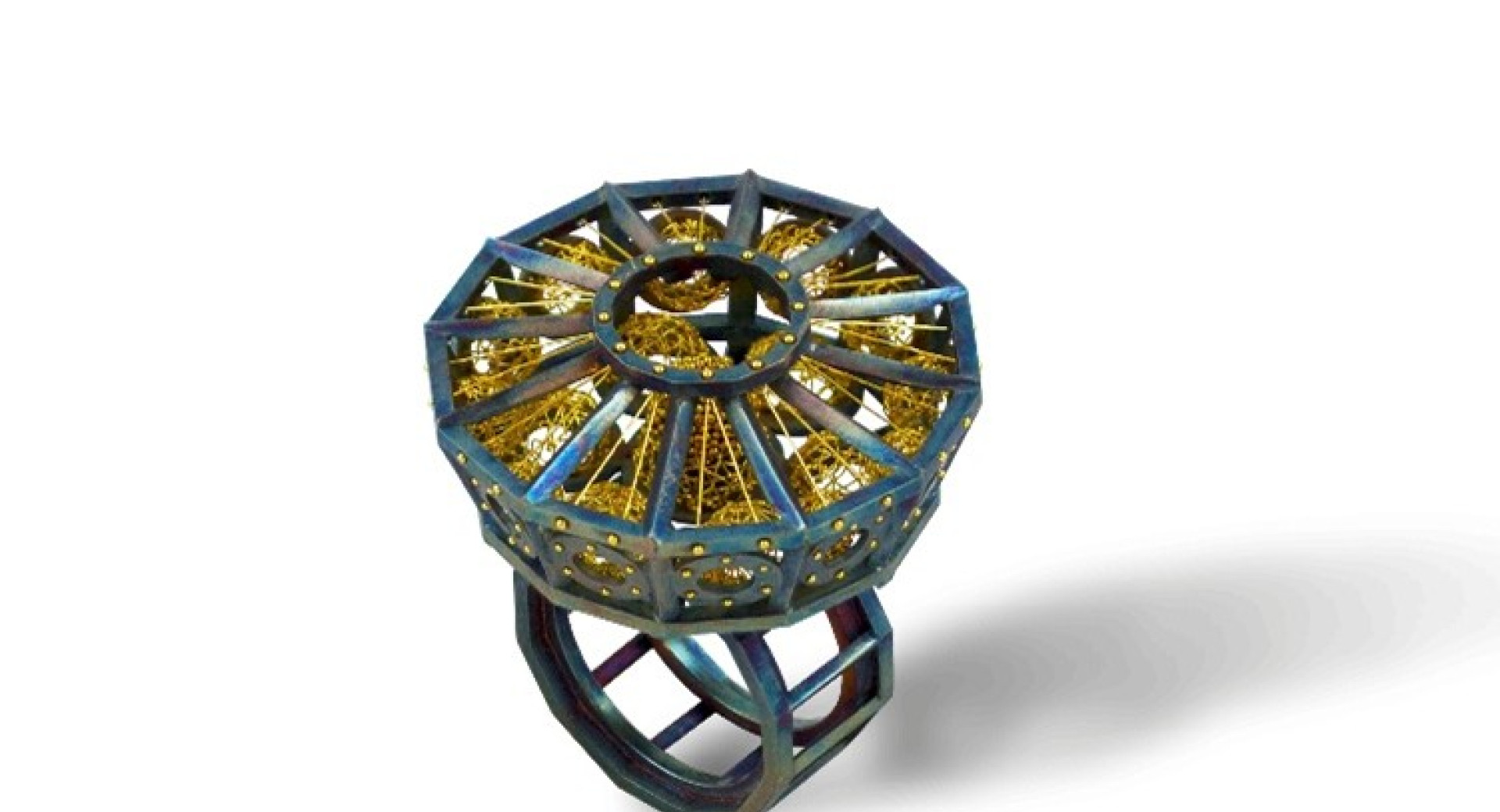An artistic octagonal ring featuring a bluish metal cage with interwoven fine gold threads and spheres, set upon a double geometric frame.