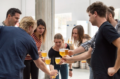 People toast with beer.