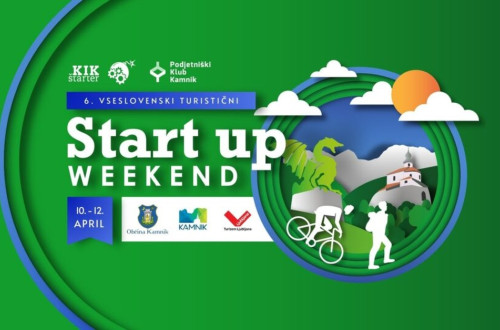 Napovedni plakat za start-up vikend v Kamniku aprila 2026.