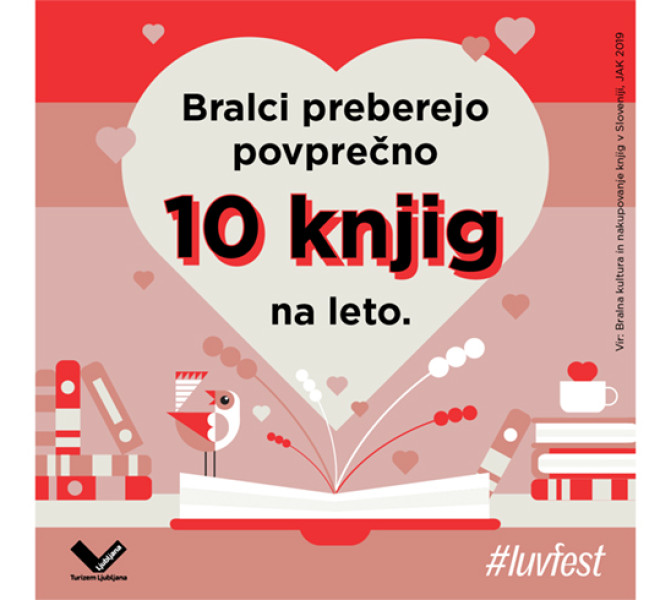 Roznato rdec plakat s simboli src, ptic in knjige. 