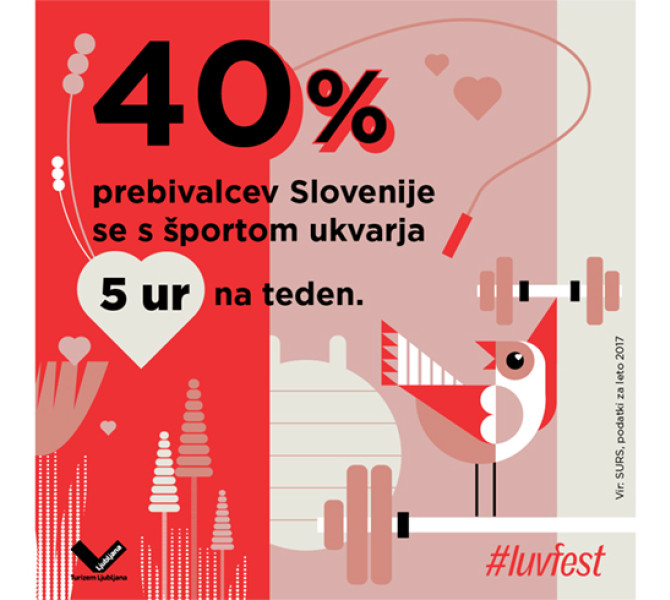 Rdeče-roza plakat s ptico in napisom. 