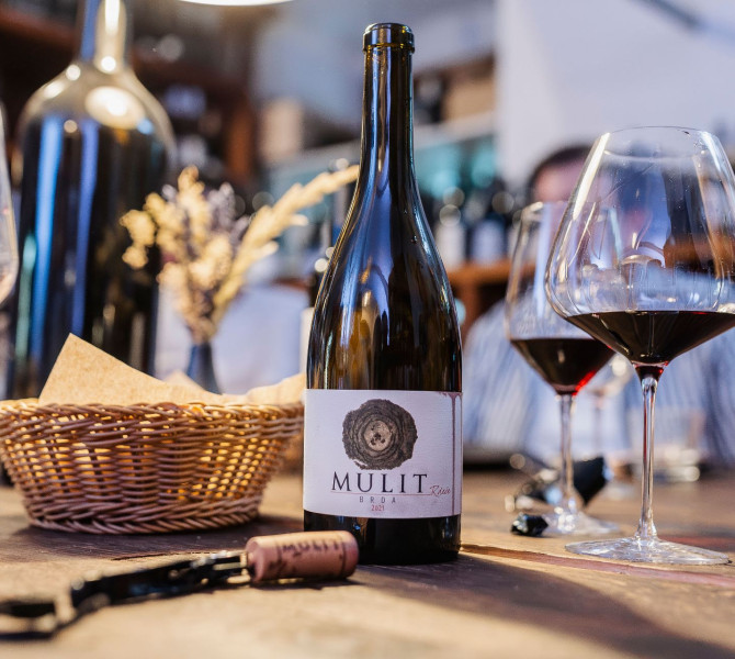 Steklenica rdecega vina, ob njej kozarci in zamasek na leseni mizi. 