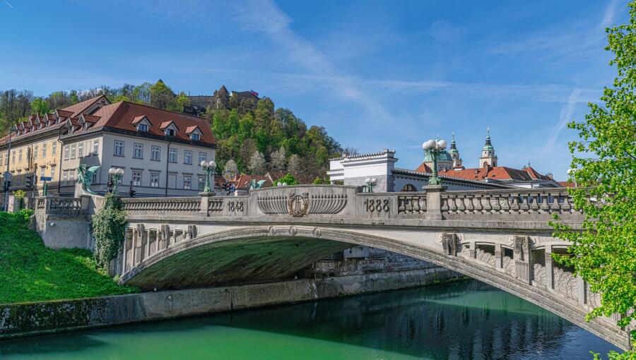 A bridge with dragon statues across the river, with bourgeois houses and a castle above the city in the background.