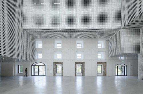 An empty hall interior in black and white tones.