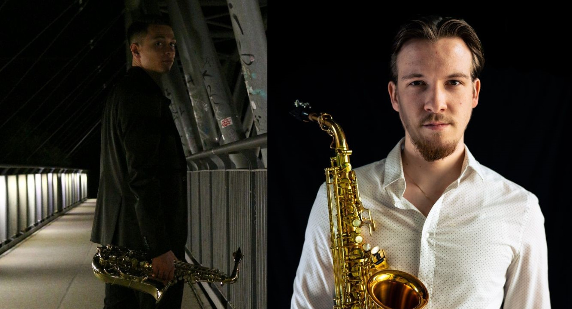 Kolaz dveh portretnih fotografij glasbenikov s saksofoni.
